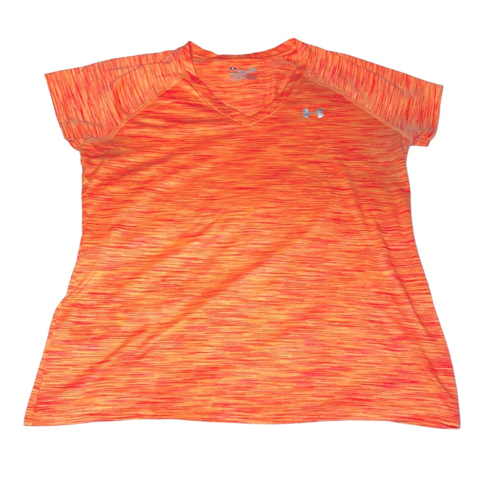 Women’s Under Armour L Heatgear Neon Orange Pink Abstract Stripes Semi Fitted